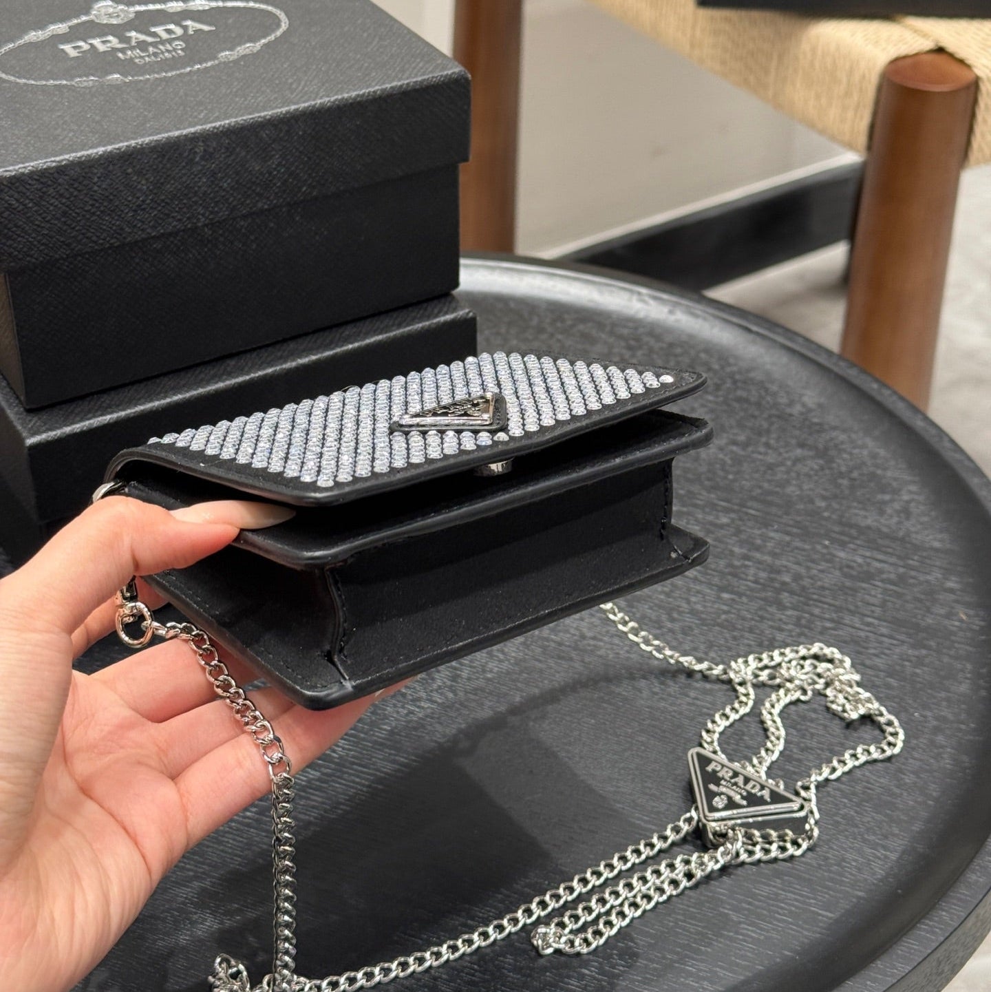 STUDDED CRYSTAL WALLET ON CHAIN 13 IN BLACK CALFSKIN