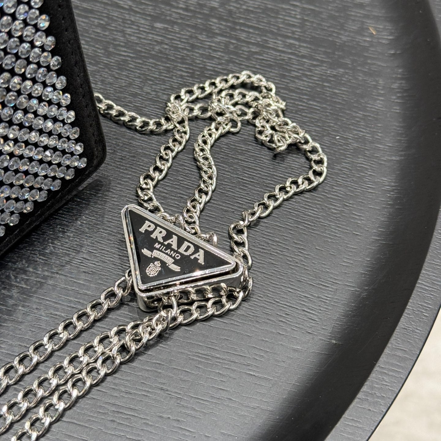 STUDDED CRYSTAL WALLET ON CHAIN 13 IN BLACK CALFSKIN