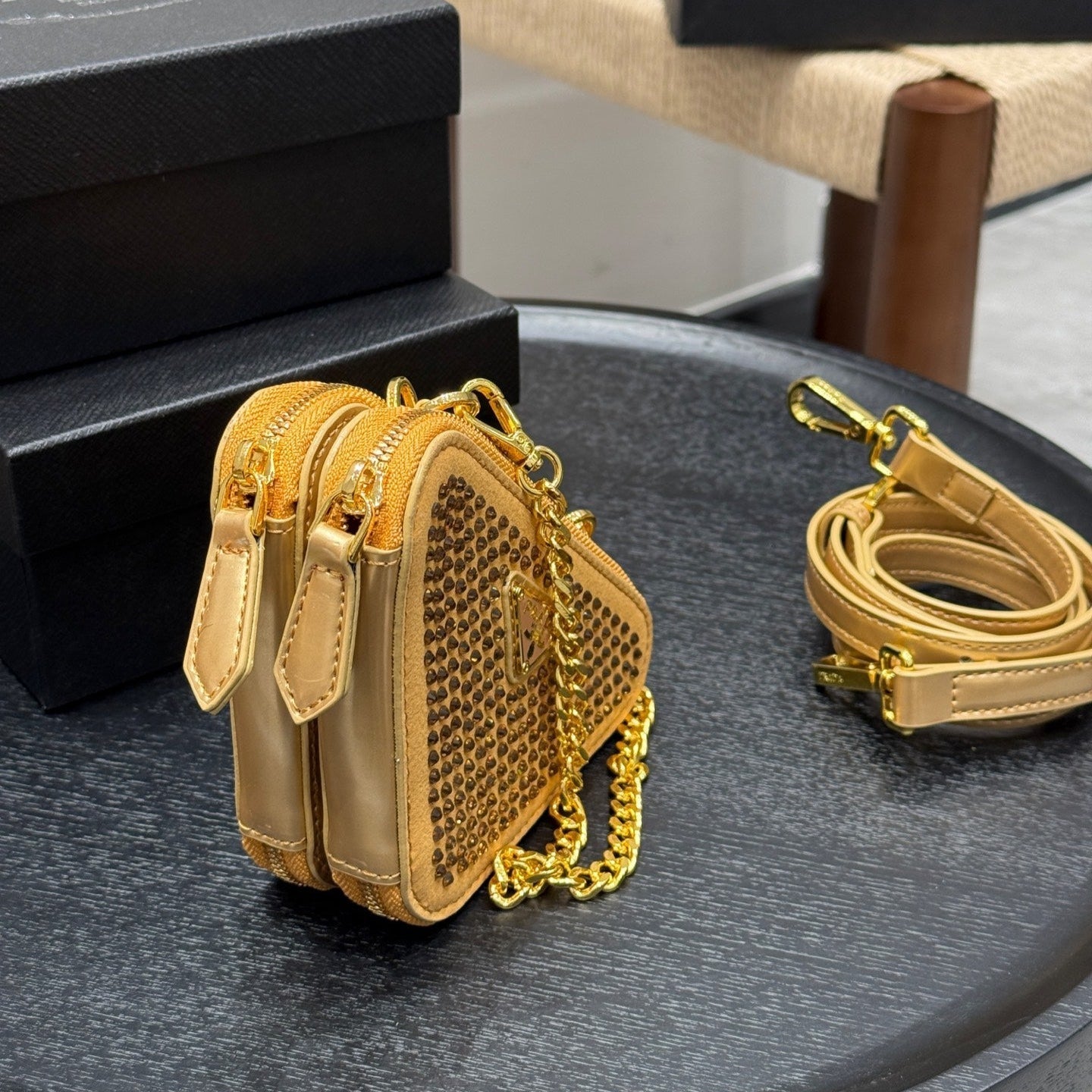 STUDDED CRYSTAL TRIANGLE 15 SHOULDER BAG IN YELLOW CALFSKIN