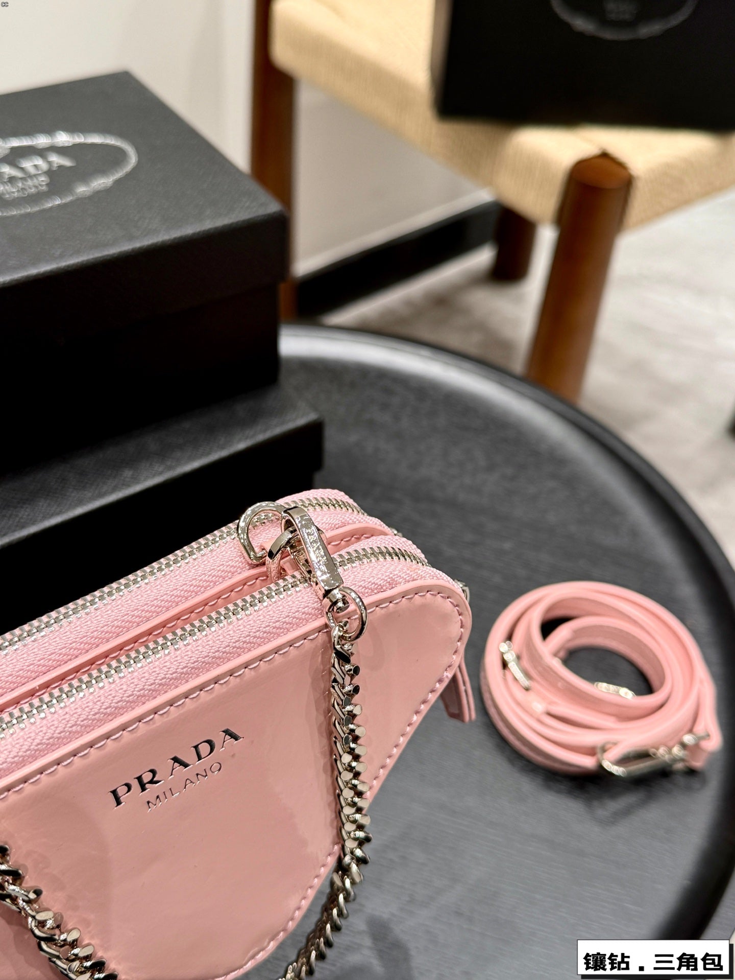 STUDDED CRYSTAL TRIANGLE 15 SHOULDER BAG IN PINK CALFSKIN