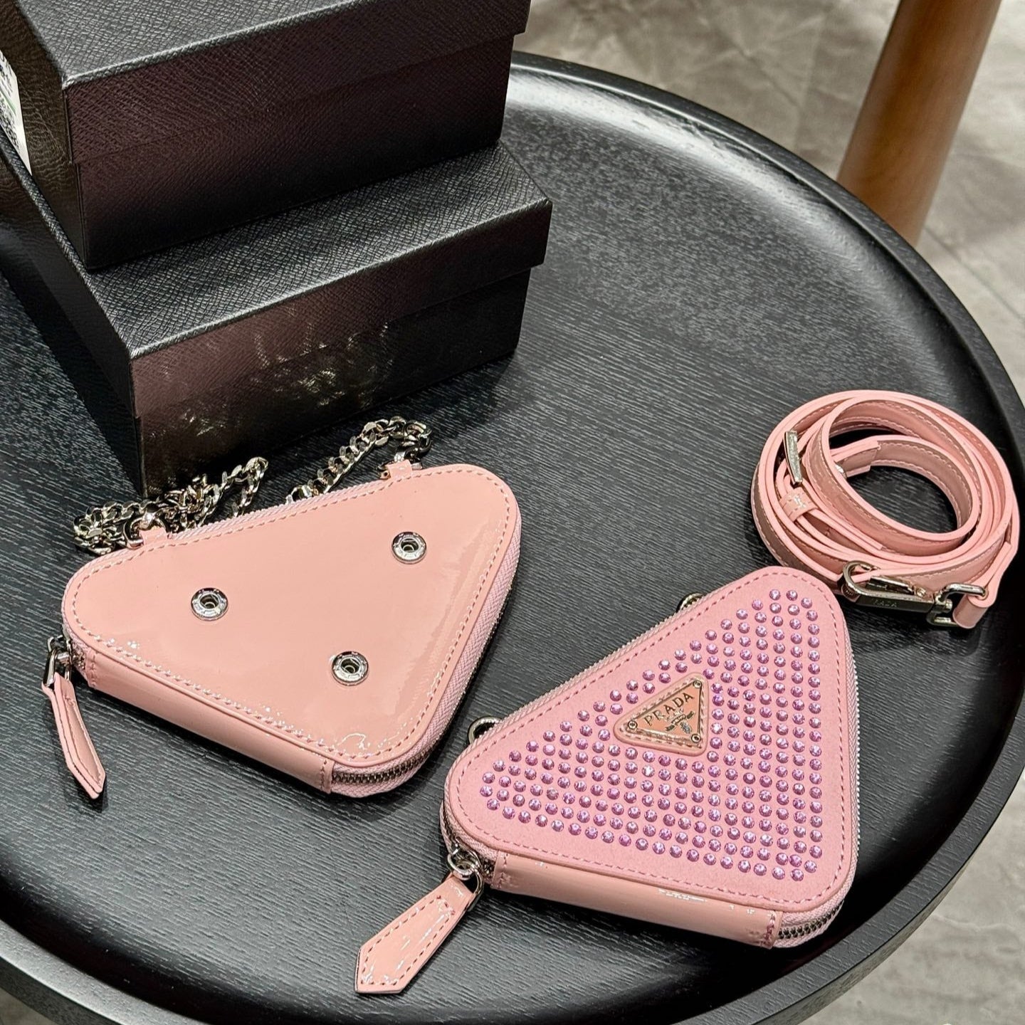 STUDDED CRYSTAL TRIANGLE 15 SHOULDER BAG IN PINK CALFSKIN
