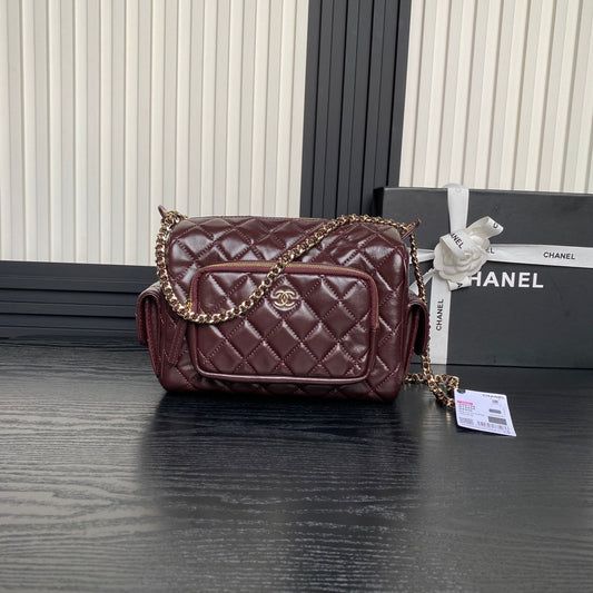 CAMERA BAG 24 IN CONGO BROWN SHINY CALFSKIN GOLD CHAIN