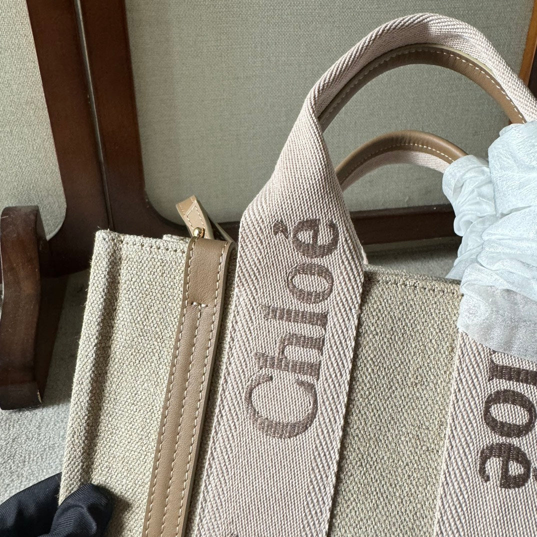 SMALL WOODY TOTE BAG 26.5 IN BEIGE LINEN CANVAS LIGHT PINK WEBBING LOGO EMBROIDERY