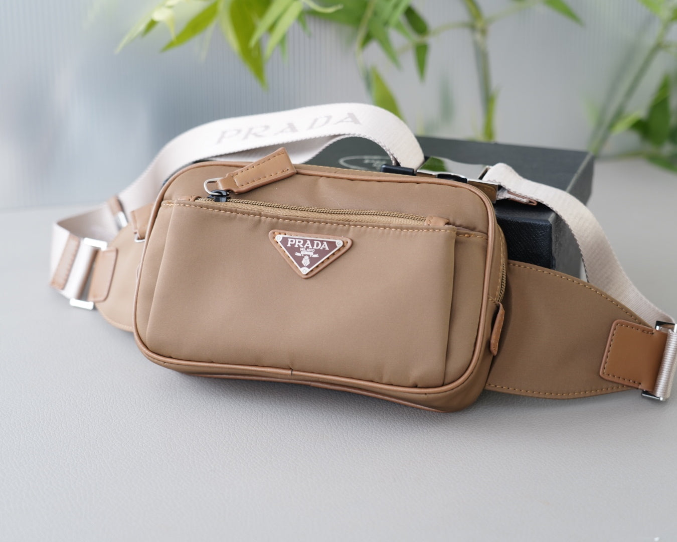 SHOULDER BAG 22 IN TAN BROWN RE-NYLON