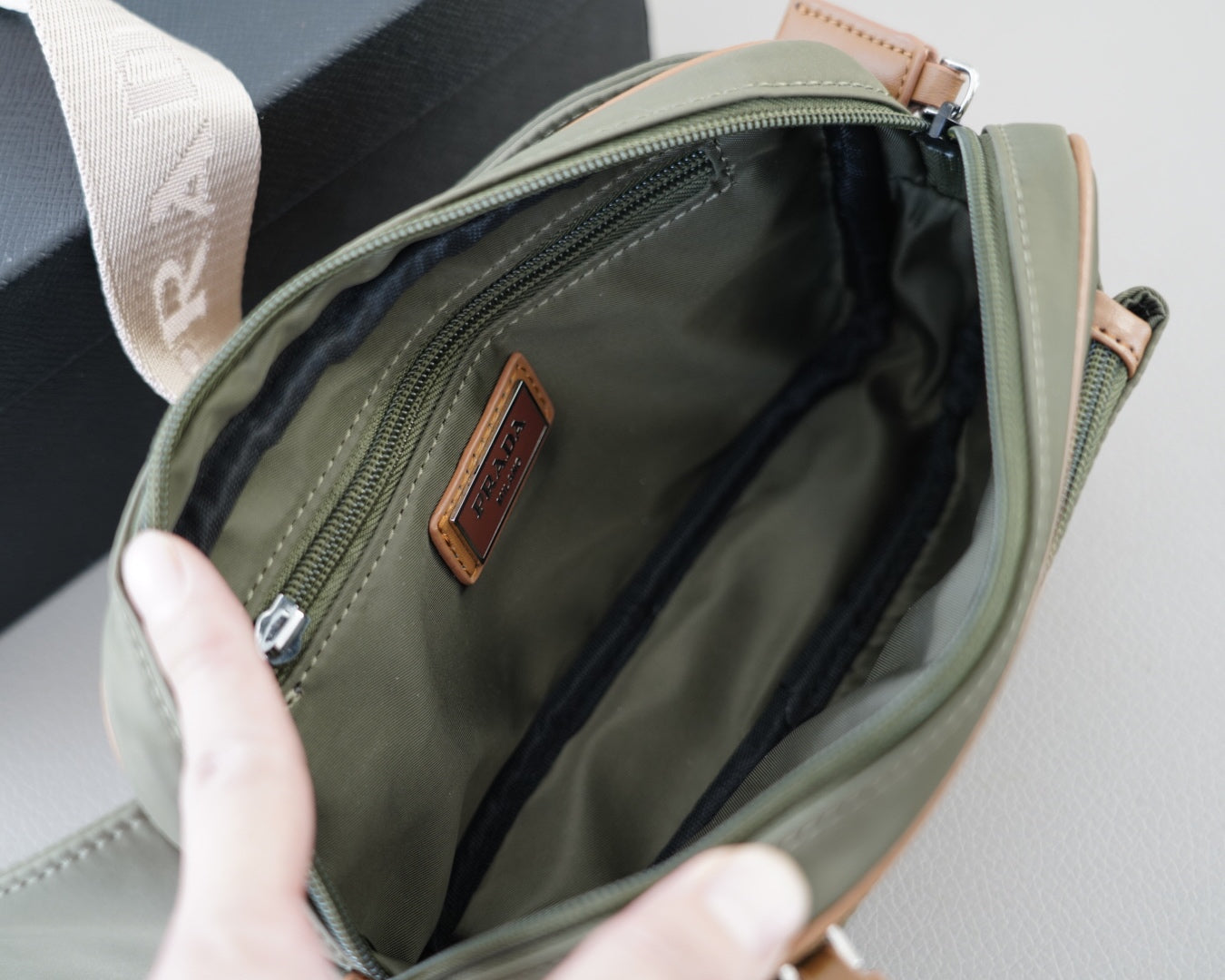 SHOULDER BAG 22 IN GRANITE GREEN RE-NYLON MIX BROWN CALFSKIN