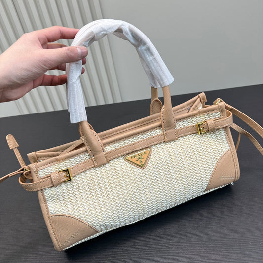 BONNIE SOFT LUX HANDBAG 32 IN BEIGE WOVEN RAFFIA WITH TAN CALFSKIN