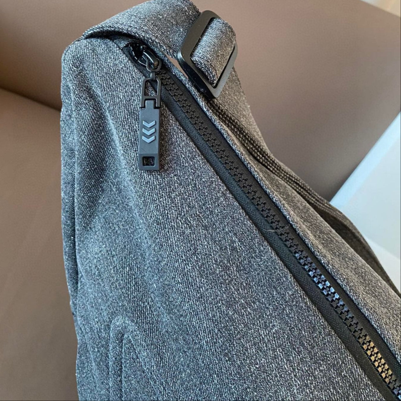 TRIANGLE 55 SHOULDER BAG IN GREY RE-NYLON EMBOSSED LOGO