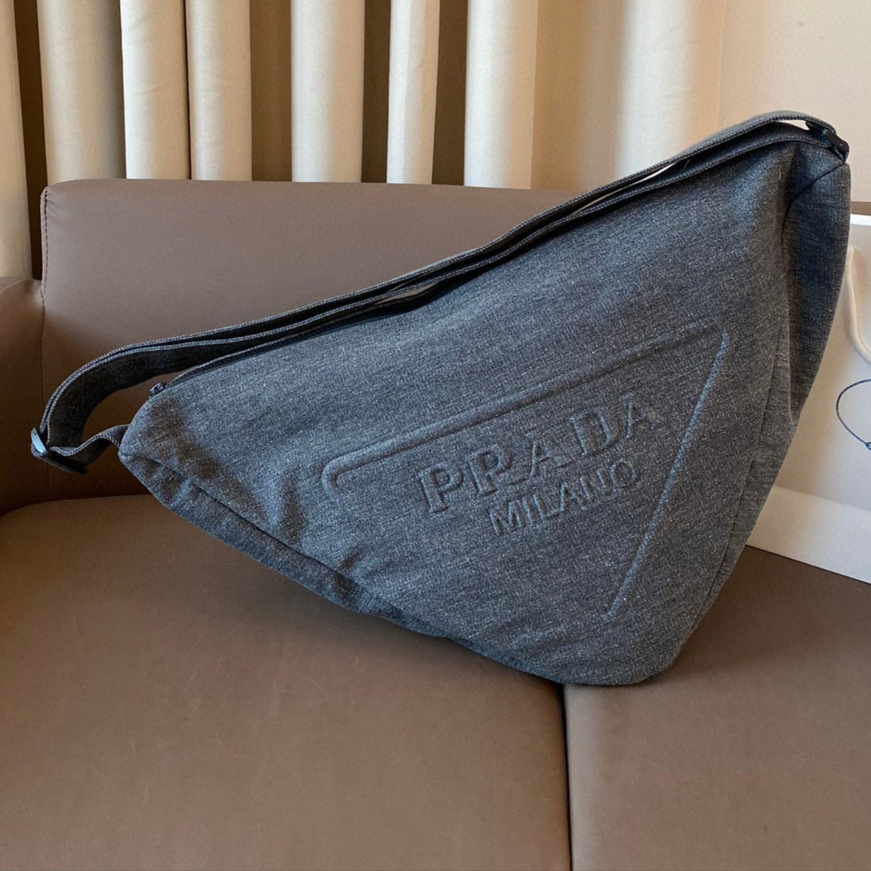 TRIANGLE 55 SHOULDER BAG IN GREY RE-NYLON EMBOSSED LOGO